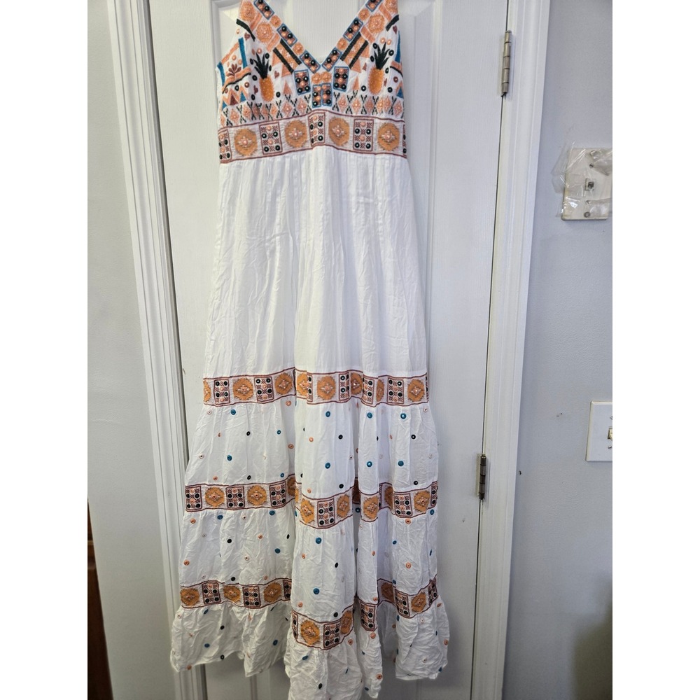 Guadalupe White Embroidered Pineapple Tiered Maxi‎ Dress Small Boho Resortwear